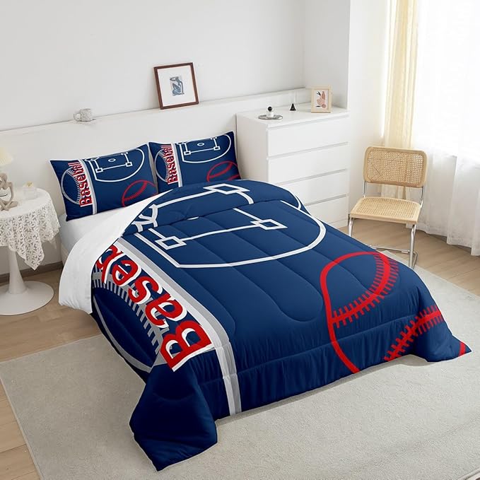 Feelyou Baseball Bedding Set Queen Size Sports Game Comforter Set for Kids Boys Girls Decor Baseball Gaming Comforter Microfiber Ball Duvet Set Bedroom Quilt Set