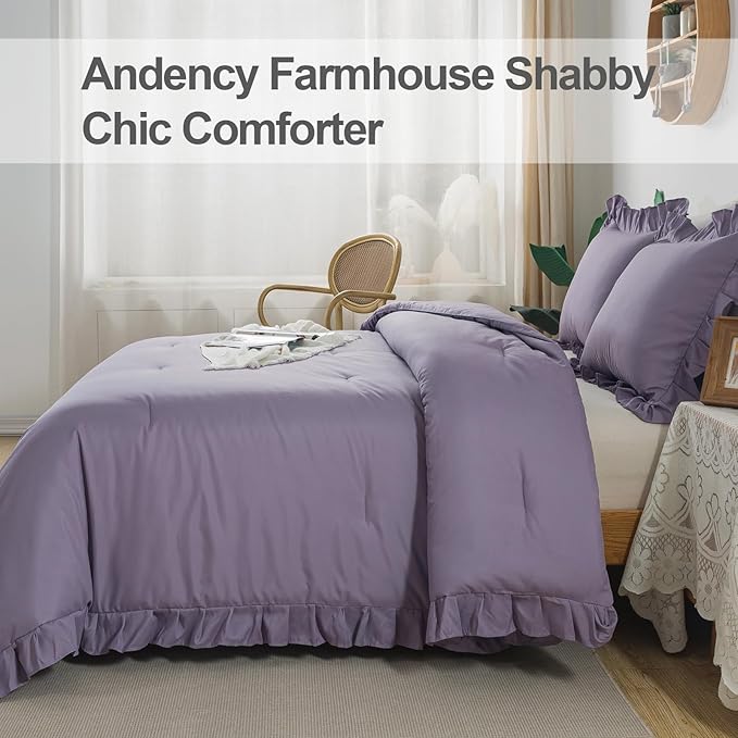 Andency Grayish Purple Ruffle Comforter King, 3 Pieces Solid Farmhouse Shabby Chic Comforter, Lightweight Soft Microfiber Vintage Rustic Bedding Sets All Season (104x90Inch Comforter)