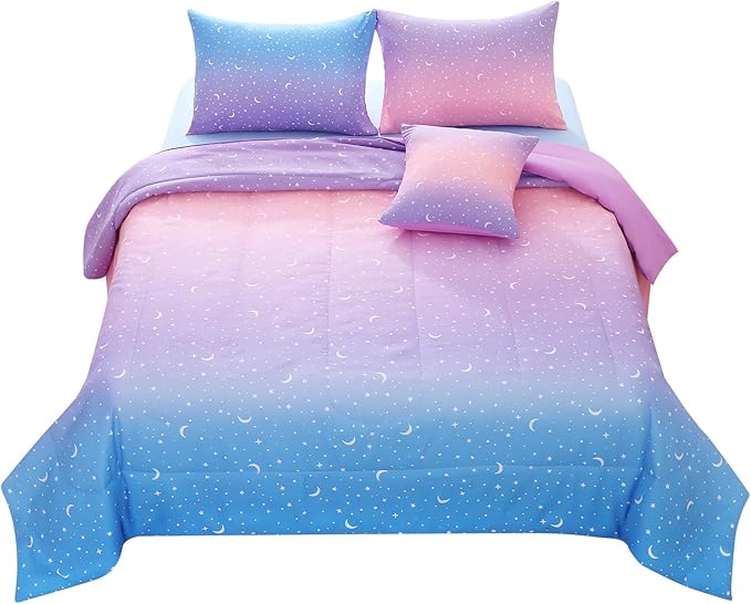 JQinHome Twin Girls Comforter Set,6 Piece Bed in A Bag 3D Purple Orange Glitter Bedding Set -All Season Microfiber Rainbow Bedding Sets for Girls Women