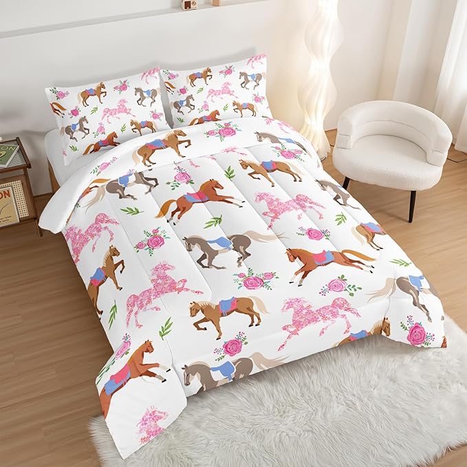 HOSIMA Kawaii Pink Rose Horse King Size Comforter Set,Cute Animal Horse Bedding Girls Teens Aesthetic Room Decor,Princess Toddler Bedding Set Cowboy Cowgirl Colorful Pony Comforter.