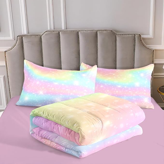 Kids Comforter Bedding Set 5 Piece Super Soft Breathable Print Kids Bedding Sets for Girls, Washable Durable Comforter Set with Comforter, Shams, Sheet, 2 Pillowcases (Gradient Color)