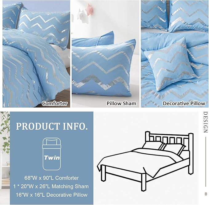Blue/Silver Comforter Set Twin, Metallic Print Glitter Bedding Set Cute Shinny Bed Sets for Teen Girls Kids Women, 3 Piece (1 Pillowcase, 1 Decorative Pillow Sham)