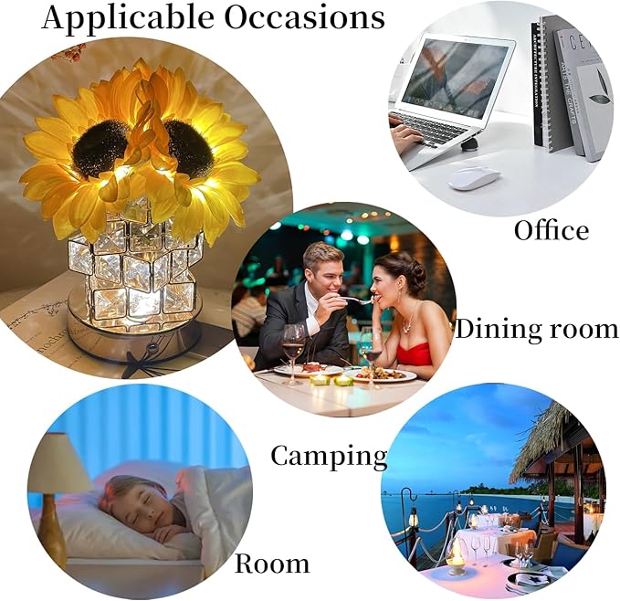 Sunflowers Lamp Touch Lam Artificial LED Sunflower Flowers with Glass Vase Table Lamp Night Light for Home Office Decor House Decorations Gift Idea - Rechargeable (Crystal Magic Cube Sunflower)