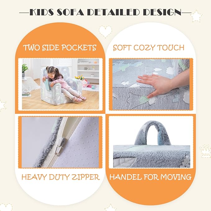 Snuggly-Soft Cuddly Toddler Plush Armchair for Boys and Girls Glowing Grey Fuzzy Plush Kids Sofa Couch Reading Chair with Children Friendly Handle for Easy Movement & Double Pockets for Storage