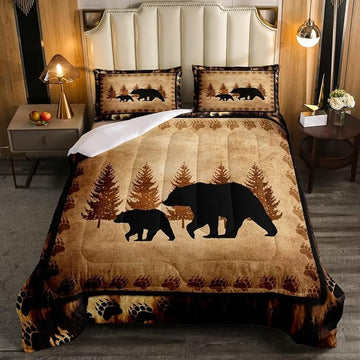 Bear Comforter Set King Size Farmhouse Wild Animal Comforter Retro Bear Family Bedding Set for Kids Boys Girls Brown Bear Paws Duvet Set Rustic Bedroom Decor Quilted Set 3Pcs