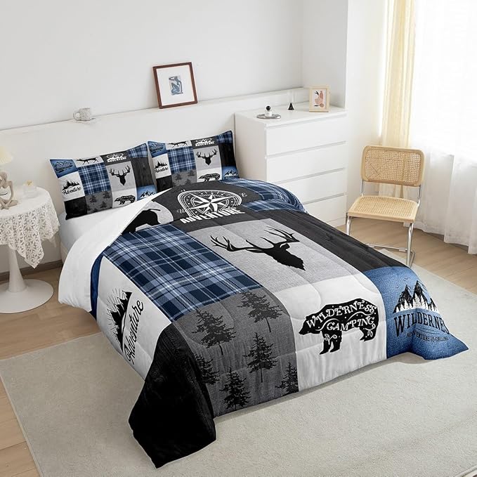 Deer Antler Bear Kids Comforter Set Twin Size,Hunting Adventure Bedding Set for Boys Girls Adults Room Decor,Geometric Plaids Patchwork Down Comforter,Rustic Farmhouse Duvet Insert,1 Pillowcase