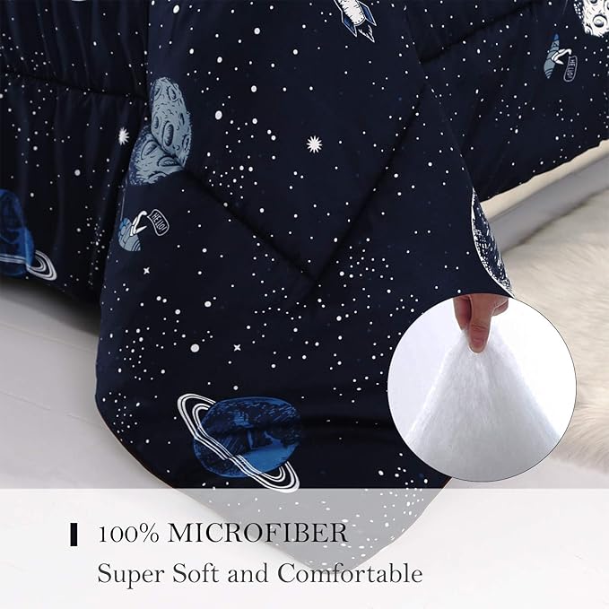 ENJOHOS Space Bedding Comforter Set Full Size for College Boy, 3 Pieces Galaxy Summer Bedding Full, Lightweight Soft Microfiber Universe Blanket Comforter, Dark Blue Comforter for Kid