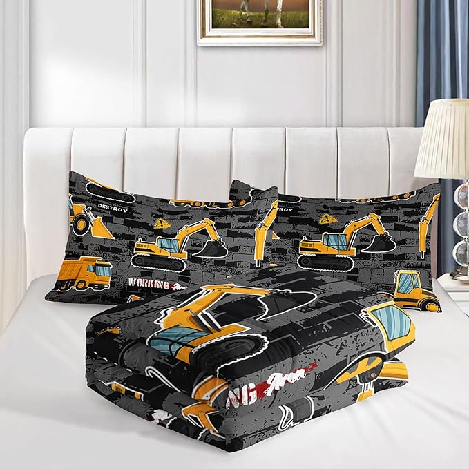 Datura home Kids Engineering Car Bedding Comforter Set Tractor Truck Printed Pattern with 1 and 2 Pillowcases for Boys Bedroom All Season(Truck2 Queen) Queen 90x90inches