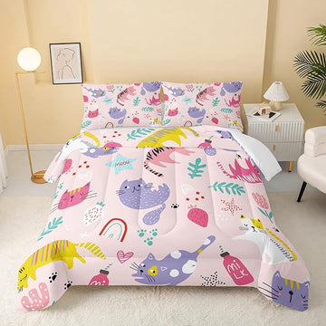 Kawaii Cats Comforter Full Size,Pink Cats Kids Comforter Set,3Pcs Bedding Set Printed Comforter with 2 Pillowcases,Down Alternative,Soft and Lightweight,for All Seasons