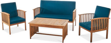 Christopher Knight Home Carolina Outdoor 4 Piece Patina Acacia Wood Sofa Conversation Patio Furniture Sets with Cushions, 27.50" D x 24.00" W x 33.25" H, Dark Teal/Brown
