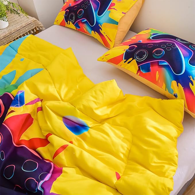 Aimuan Gamer Gaming Bedding Sets 3D Gamepad Comforter Sets for Boys Games Console Action Buttons Novelty Colorful Game Controller Modern Room Decor Home Quilt Set (Queen, Yellow)
