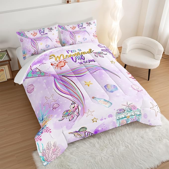 HOSIMA Kids Mermaid Comforter Set with 2 Pillowcases,Watercolor Ocean Life Sea Animal Mermaid Tail Pattern Bedding Set,Light Purpl Queen Comforter Set for Teens Girls Women Bedroom Decor.