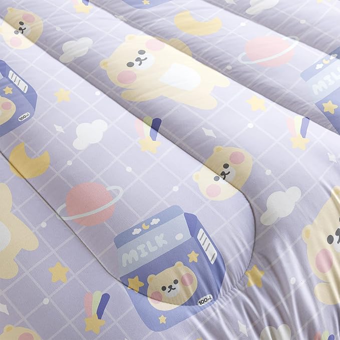 Bear Comforter King Size,Kawaii Comforter Set for Kids Teens Girls,3Pcs Bedding Set Printed Comforter with 2 Pillowcases,Down Alternative,Soft and Lightweight(Purple，King Size)