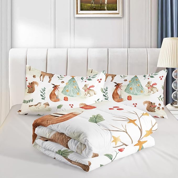 Wild Animal Comforter Queen Size,Rabbit Deer Comforter Set for Kids Teens Girls Boys,3Pcs Bedding Set Printed Comforter with 2 Pillowcases,Down Alternative,Soft and Lightweight，Queen Size
