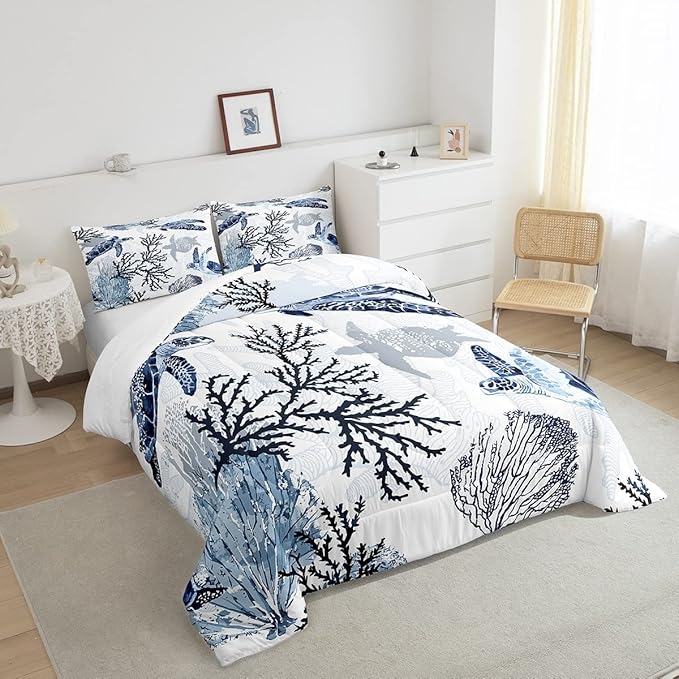 Turtle Comforter Set Queen,White Blue Hawaiian Turtle Bedding for Kids,Reptile Tortoise Quilt Duvet Set Coastal Beach Theme Comforter Retro Sea Turtle Bed Set for Boys Girls Bedroom Decor(Marine life)