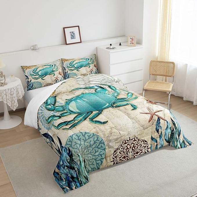 Sea Beach Theme Comforter Set Kids Beach Crabs Print King Bedding 3D Sea Animal Crab Luxury Microfiber Quilted Duvet Set with 2 Pillowcases,Soft Lightweight Marine Life Decorative Bedding Soft Fluffy