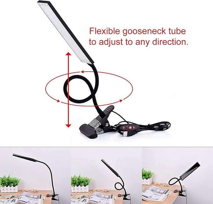 LED Desk Lamp Dimmable Eye-Care Reading Light Office Light Adjustable 3 Color Modes,14 Brightness Levels, Gooseneck Flexible Clip-on Light for Studying, 5W-Black