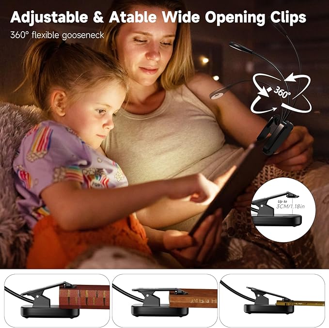 Book Lights for Reading in Bed, 12 LEDs Rechargeable Battery Clip Lamp with 3 Lighting Color, Stepless Dimming, Eye Protection, 80 Hours Runtime, 360° Flexible Gooseneck, Lightweight, Portable