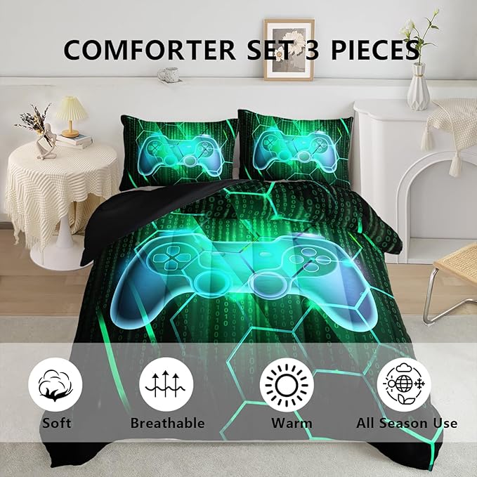 Axolotl Gamepad Comforter Set Queen Size,Number Video Gaming Gamer Bedding Set,Boys Game Console Comforter Set,Geometry Hexagonal Bedding Set for Teens Men Adults,1 Quilt 2 Pillowcases,Green Black