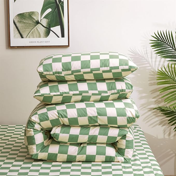 Green White Grid Comforter Set Full Sage Green Plaid Bedding Set Girls Light Green White Checkered Bed Comforter Set Breathable Blanket Set Kids Durable Bedding Comforter Set