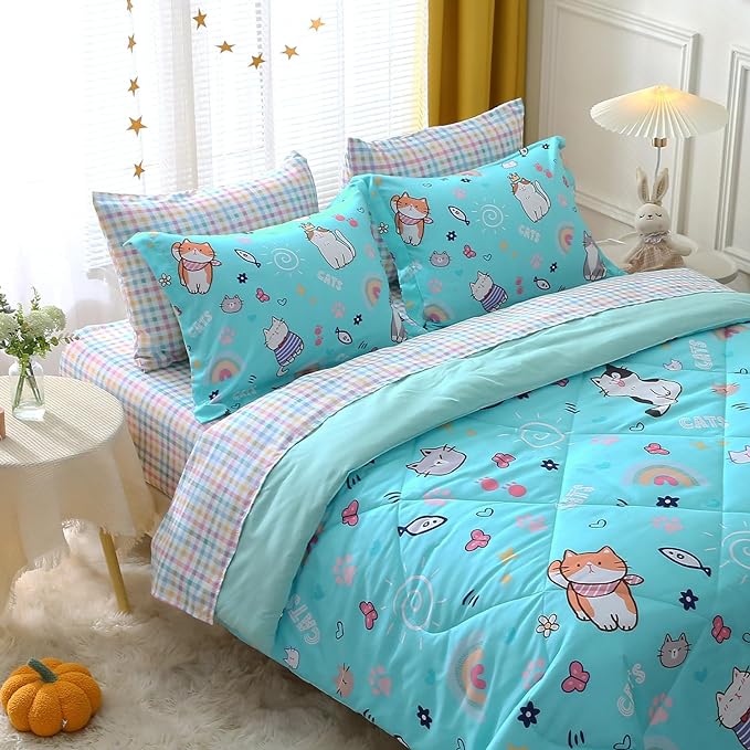 Kawaii Cats Comforter Set Twin Size for Girls Boys Kids Teens 7 Piece Cute Animal Fish Butterfly Bed in A Bag Cartoon Rainbow Star Sun Heart Bedding Set All Season Lightweight