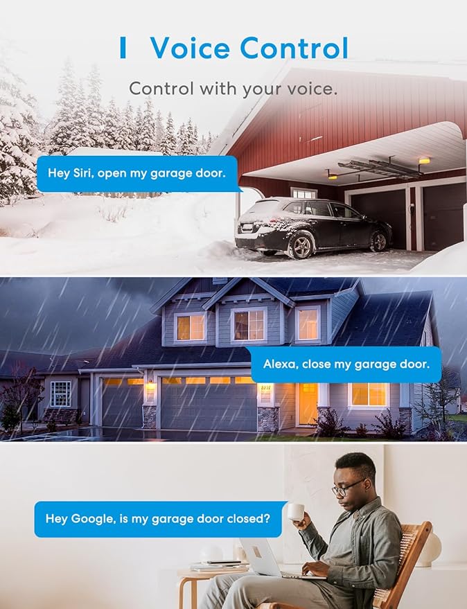 meross Smart Garage Door Opener Remote with External Antenna, Up to 3 Single Doors, Compatible with Apple HomeKit, Amazon Alexa, Google Assistant, SmartThings, App Control, No Hub Needed