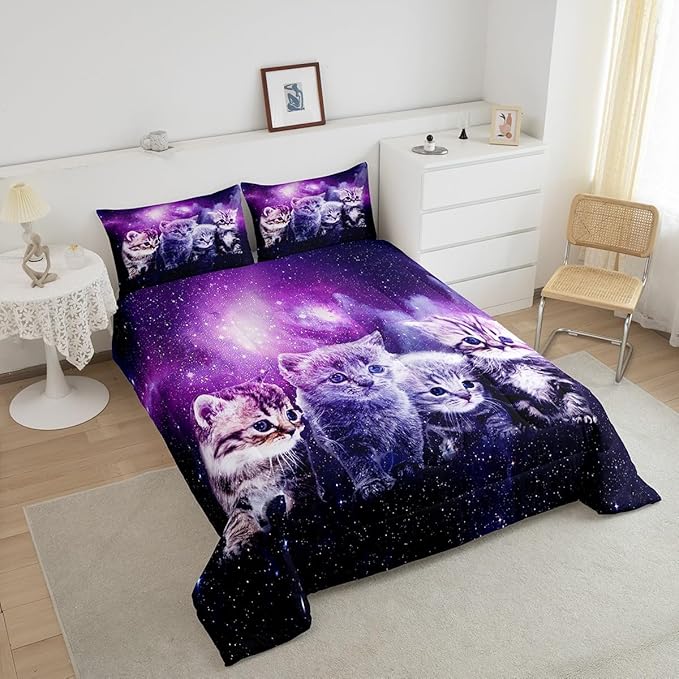Cat Comforter Cute Pet Cats Pattern Bedding Set Outer Space Kawaii Kitten Comforter Set for Children Kids Boys Girls Cartoon 3D Animal Theme Galaxy Duvet Set Purple Room Decor Quilt Set King Size