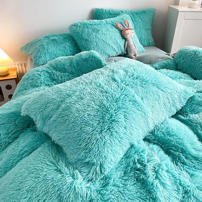 Faux Fur Kids Girls Sky Blue Comforter Sets Twin/Full - 3PC Bed Set Warm Comfortable Soft Plush Flannel Velvet Fluffy Fuzzy Bedding（Comforter x 1 Pillowcases x 2）