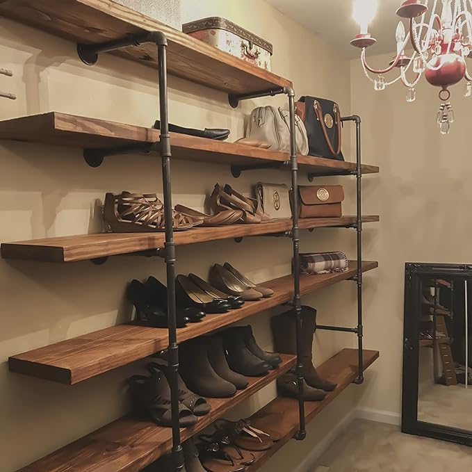 HITOMEN Industrial Iron Pipe Shelves, 2 Set 5-Tier, 56" Tall, 12" Depth, DIY Open Bookshelf Bookcase, Wall Mounted Vintage Retro Shelving, Rustic Farmhouse Pantry Kitchen Storage, Black Shelf Brackets
