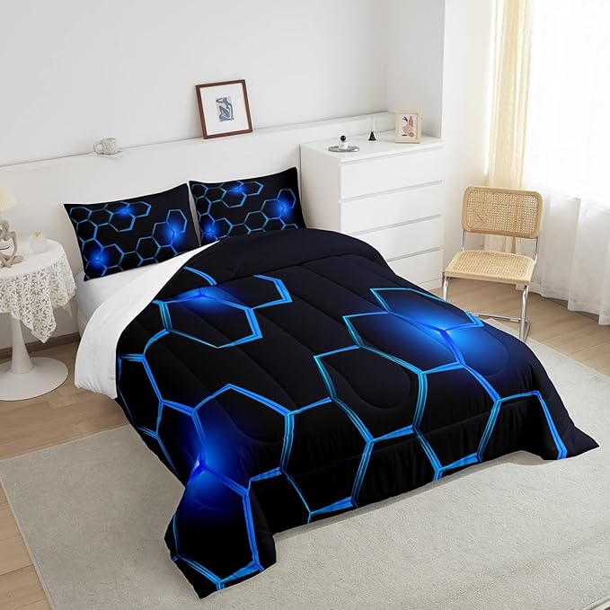 Honeycomb Kids Comforter Set Modern Geometry Hexagon Bedding Set for Boys Teens Decor Geometrical Comforter Beehive Geometric Black Blue Duvet Set King Size with 3 Pillow Case Boys
