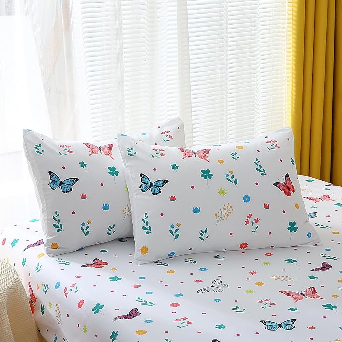 Girls Butterfly Comforter Set Full Size 7 Piece Bed in A Bag Colorful Flowers Leaves Bedding Set for Kids Teens Super Soft All Season