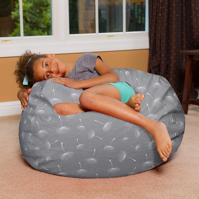 Posh Creations Bean Bag Chair for Kids, Teens, and Adults Includes Removable and Machine Washable Cover, Canvas White Dandelions on Gray, 38in - Large