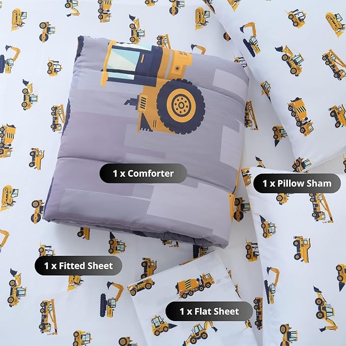 Full Size Comforter Set for Boys, 4-Piece Bed in a Bag, 3D Construction Bedding Comforter Sheet Set, Ultra Soft and Fluffy, Cartoon Truck Cars