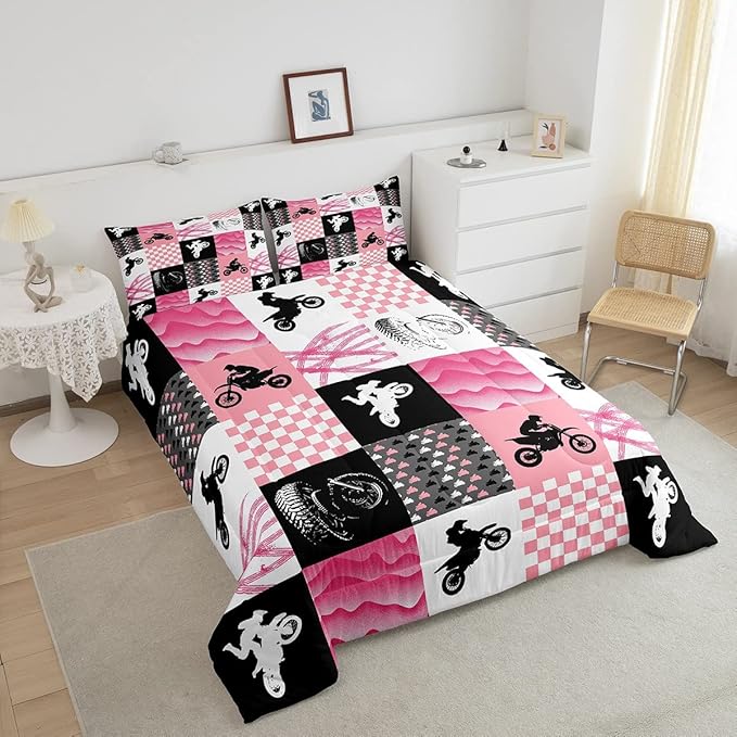 Motocross Comforter Set, Dirt Bike Bedding Sets & Collections Queen, Motorcycle Rider Down Comforter For Kids Boys Girls, Motorbike Extreme Sport Game Comforter Set, Buffalo Plaid, Pink Grey Black