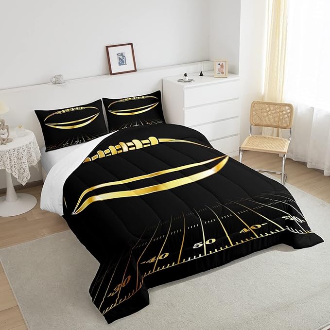 Feelyou Football Bedding Set Twin Kids Rugby Sports Comforter Set American Football Comforter Set for Boys Golden Black Room Decor Lightweight Quilt Set with 1 Pillow Case