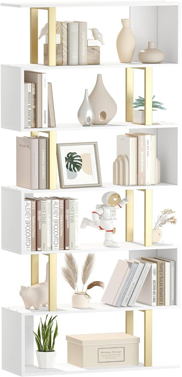 Yusong Geometric Bookcase, S Shaped Bookshelf 6-Tier Book Shelves for Bedroom, Modern Wood Decorative Display Shelf Tall Book Case for Home Office, Gold and White
