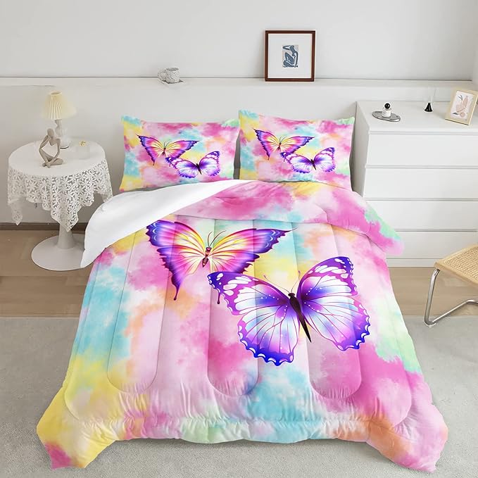 CVHOUSE Butterfly Bedding Set,Butterfly Comforter Twin,Butterfly Comforter Set for Girls Kids Teens,Butterflies Quilt Set with 1 Comforter and 2 Pillow Cases