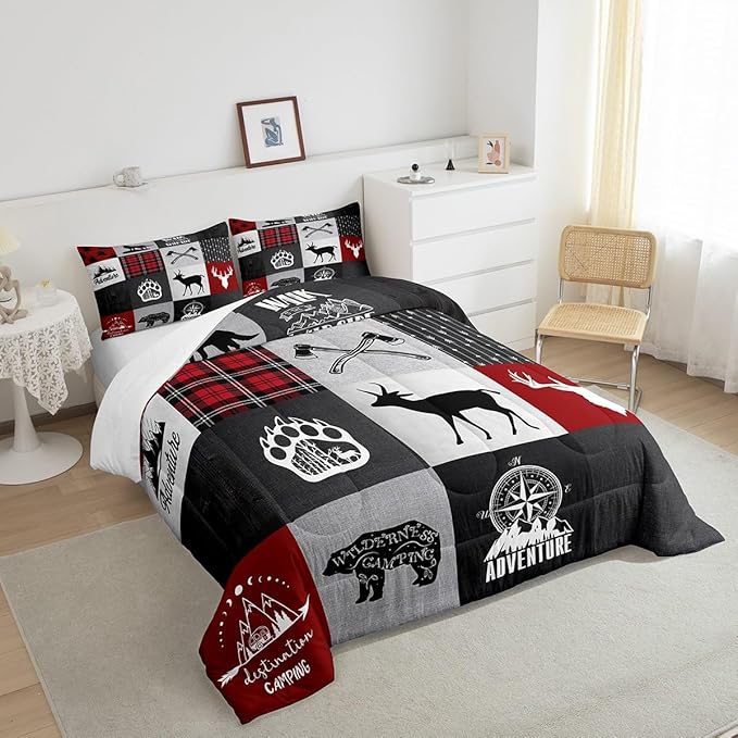 Deer Antler Bear Kids Comforter Set Full Size,Plaids Boho Arrows Patchwork Bedding Set for Boys Girls Adults Room Decor,Rustic Adventure Camper Down Comforter,Red Xmas Duvet Insert,2 Pillowcases