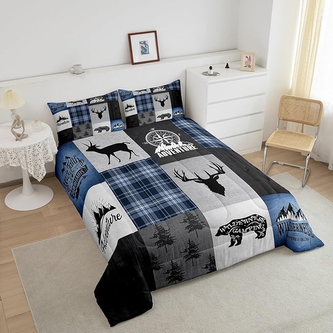 Deer Antler Bear Kids Comforter Set Twin Size,Hunting Adventure Bedding Set for Boys Girls Adults Room Decor,Geometric Plaids Patchwork Down Comforter,Rustic Farmhouse Duvet Insert,1 Pillowcase