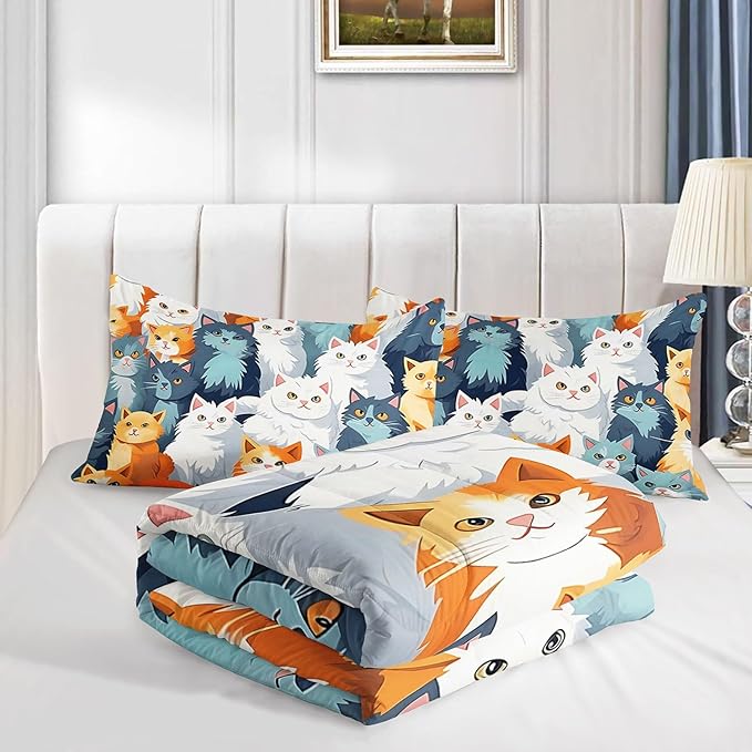 Datura home Kids Comforter Set Cute Cats Printed Pattern Bedding Set with 1 Comforter and 2 Pillowcases for Girls Boys Bedroom All Season(Cat Twin)