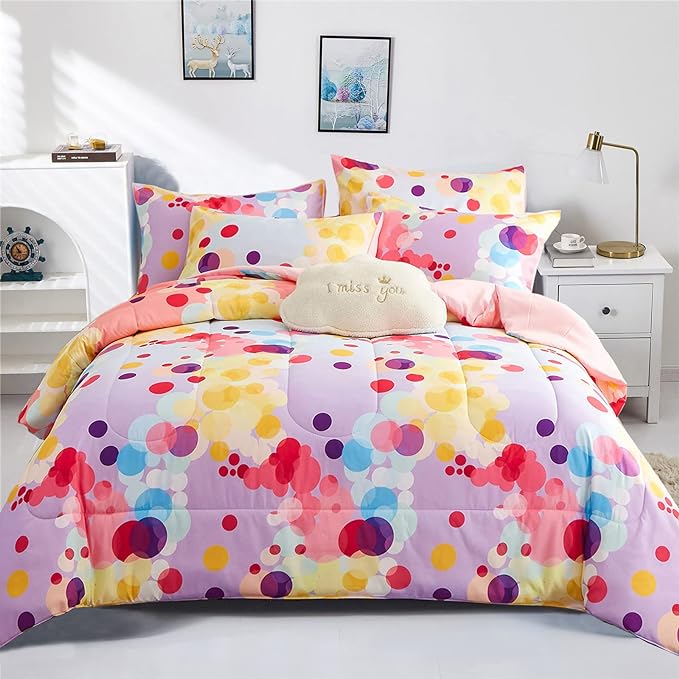 Rainbow Ombre Comforter Set Twin Size for Girls, Colorful Bubbles Polka Dots Comforter for Kids Teen, 2 Piece Orange Pink Purple Blue Gradient Pastel Bedding Set with 1 Pillow Case(Rainbow,Twin)