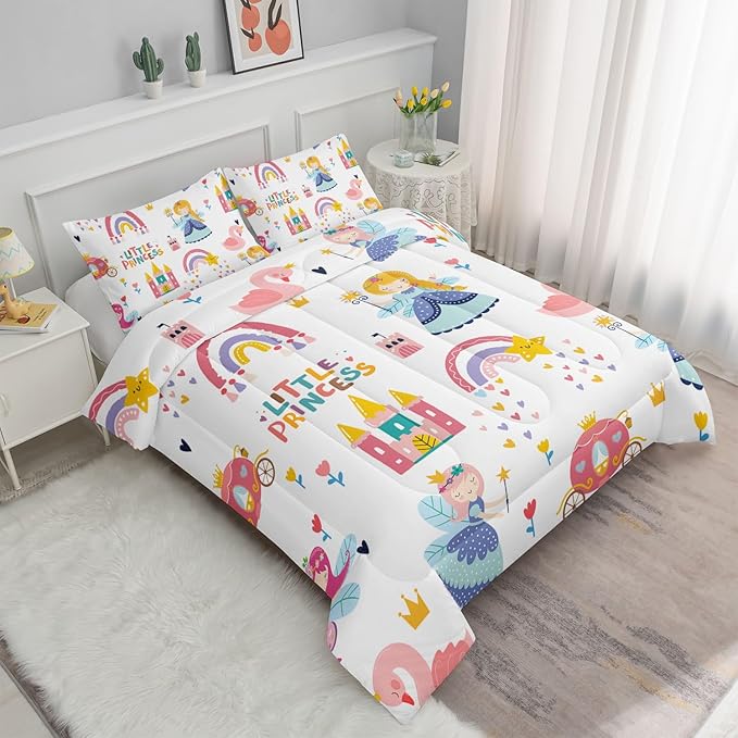Datura home Girls Bedding Comforter Set Little Princess and Rainbow Castle Printed Pattern Quilt Bedding Set with 1 Comforter and 2 Pillowcases for Girls Bedroom All Season(Princess Twin)