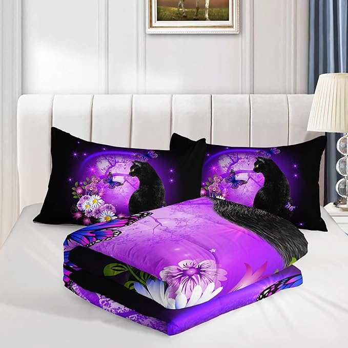 Black Cat Bedding Cartoon Cat Comforter Set Twin,Daisy Butterflies Printed Kids Bedding Set for Kids Boys Girls Adults Room Decor,Kids Comforter Set All Season,1 Quilt 2 Pillow Cases,Purple
