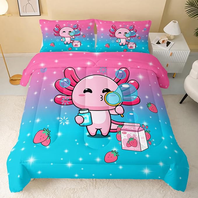 Kawaii Axolotl Comforter,Pink Salamander Comforter Set for Kids Teens Girls,3Pcs Bedding Set Printed Comforter with 2 Pillowcases,Down Alternative,Soft and Lightweight(Pink，Twin Size)