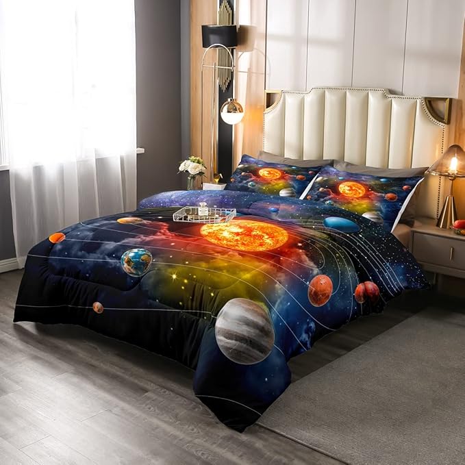 Erosebridal Solar System Bedding Set King Galaxy Space Comforter Set for Kids Boys Toddler Outer Space Room Decor Nebula Planets Orbit Comforter Celestial Universe Stars Quilt Duvet 2 Pillowcases