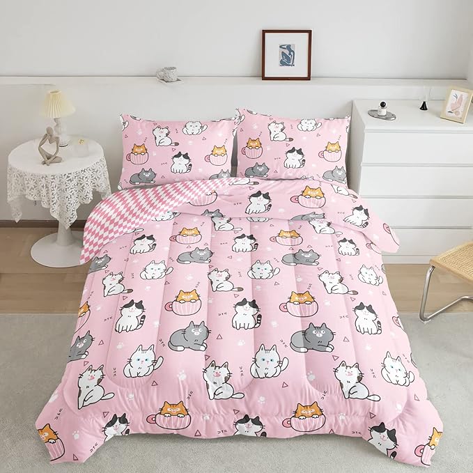 Datura home Pink Kawaii Cat Comforter Bedding Set for Girls Lovely Kitten Print Cute Animal Pattern with 1 and 2 Pillowcases Bedroom All Season(Cat Twin), Twin 68x86inches
