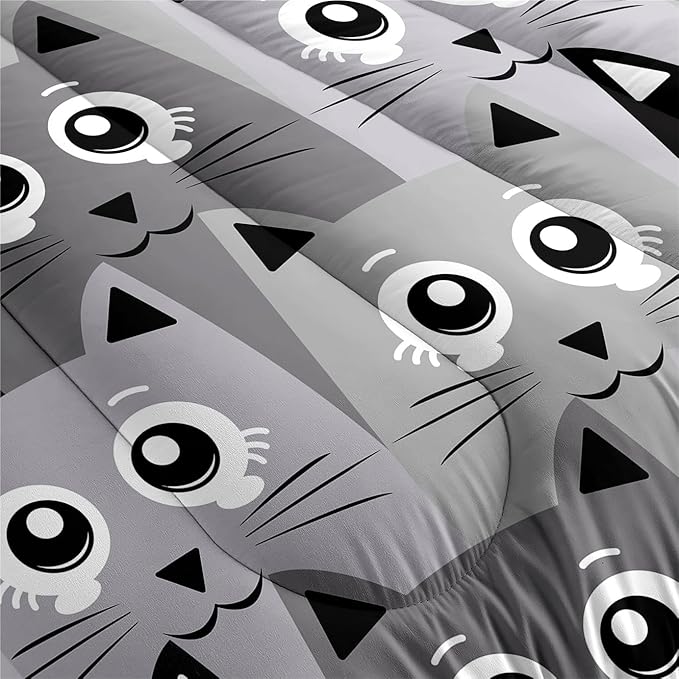 Cartoon Cat Bedding Set - 3Pcs Cute Cat Comforter Set for Bedroom Kids Boys Girls Cat Bedding Decor for All-Season Kawaii Kitten Pattern Lovely Animal 1 Cat Comforter with 2 Pillowcases, Full Size