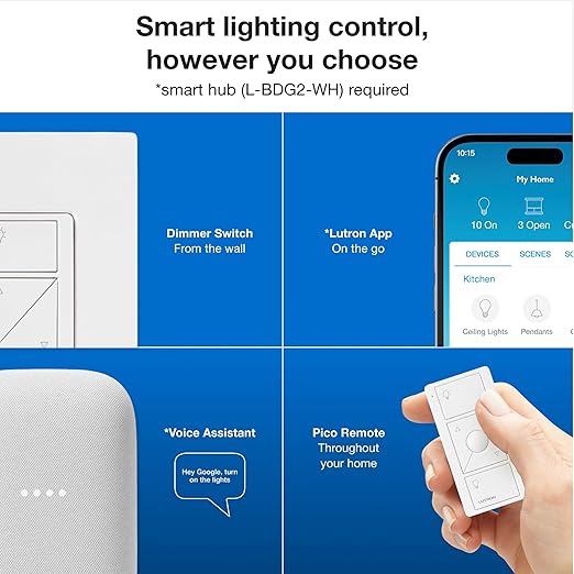 Lutron Caseta Original Smart Dimmer Switch Kit w/ Hub, with Pico Remote, Wallmount Bracket, & Smart Hub, Works with Alexa, Apple Home, Google Home, 3 Way, 150W, No Neutral Req, P-BDG-PKG1W-A