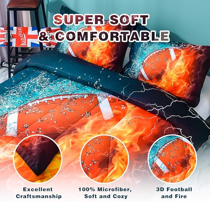 Andency Football Comforter Set Twin(66x90 Inch), 2 Pieces(1 Football Comforter, 1 Pillowcase) Sport Microfiber Comforter Set Bedding Set for Kids Boys Teens