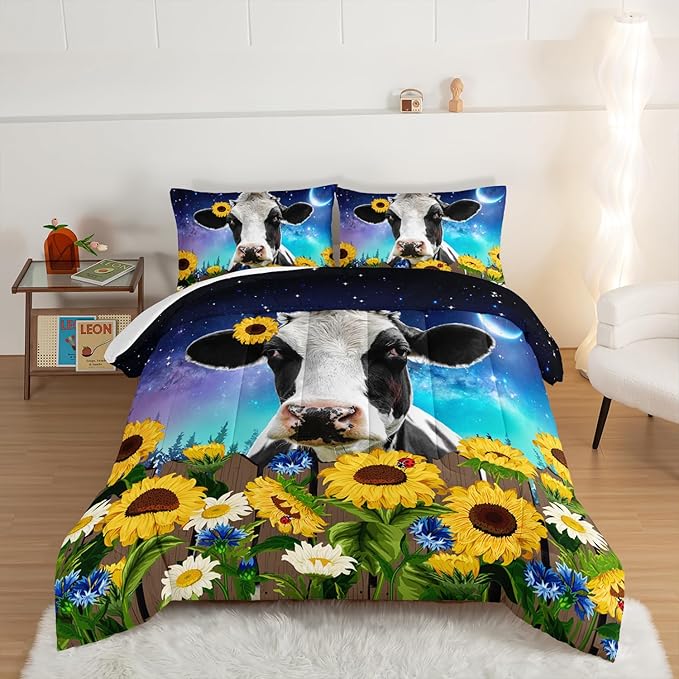 HOSIMA Cow Print Comforter Set with 2 Pillowcases,Farm Animal Theme Comforter Western Bedding Set Queen Size for Adults Teens Kids,Farm Starry Sky Toddler Comforter Sunflower Bedding Set.